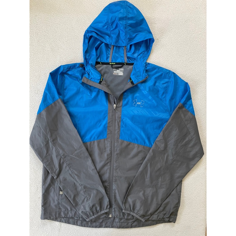 Under Armour Mens Extra Large Windbreaker Blue Grey Run Full Zip Hoodie Running